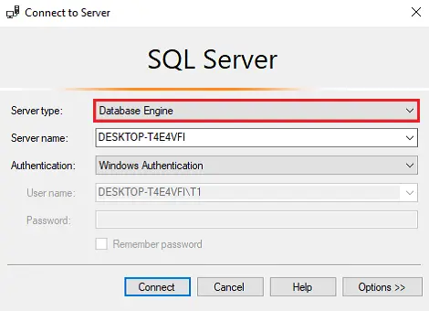 SQL Server Management Studio - Select Server Type